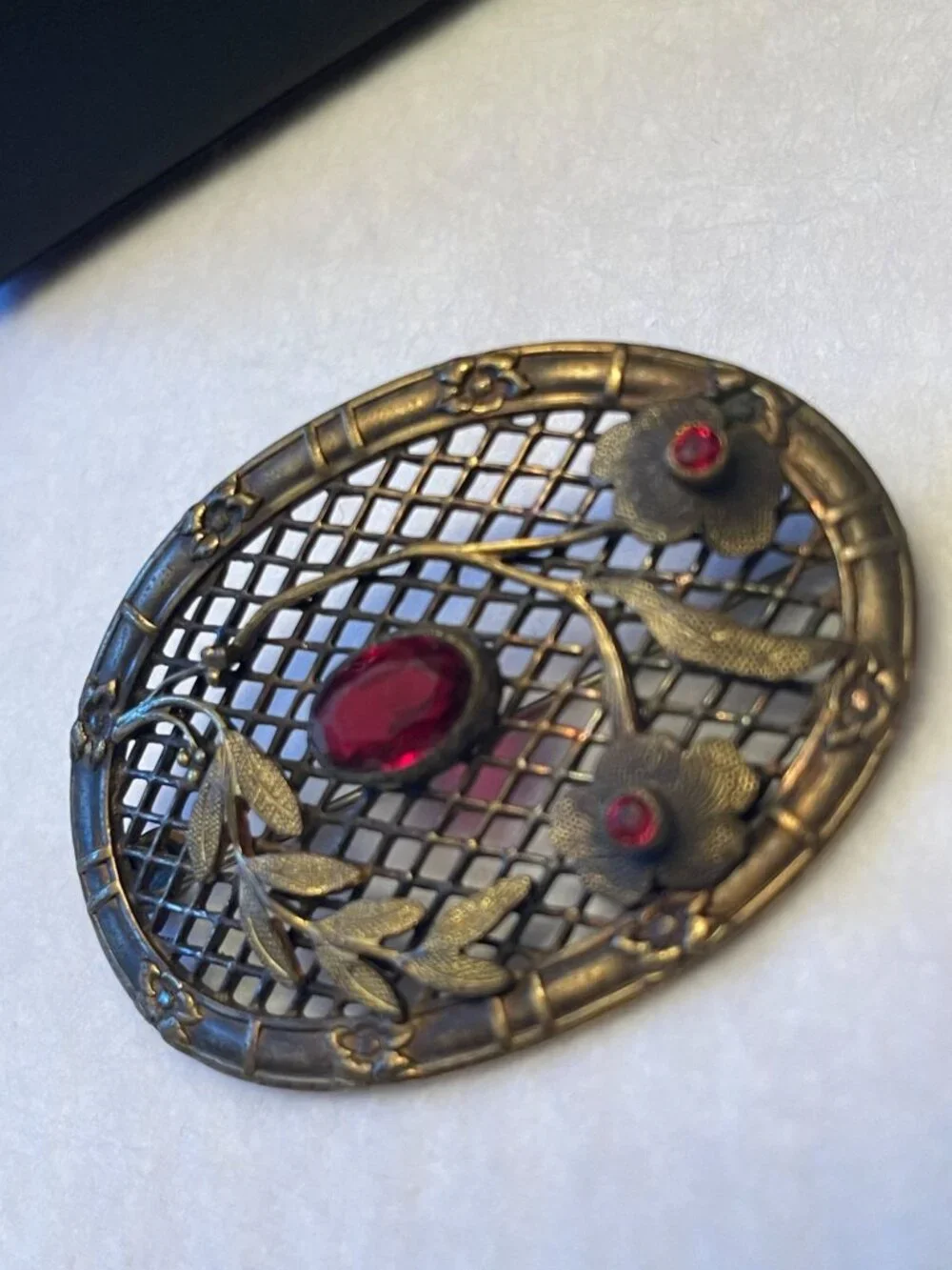 Antique Art Nouveau Brass Sash Brooch With Floral & Leaf Motif Ruby Red Glass St